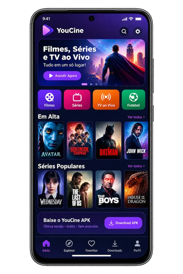 YouCine APK no celular Android com filmes, séries e TV ao vivo"